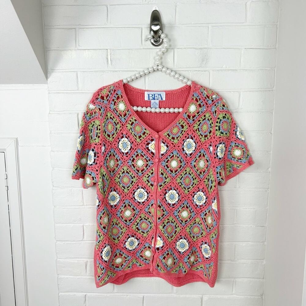 Vintage Granny Knit Crotchet Button Front Top Size M